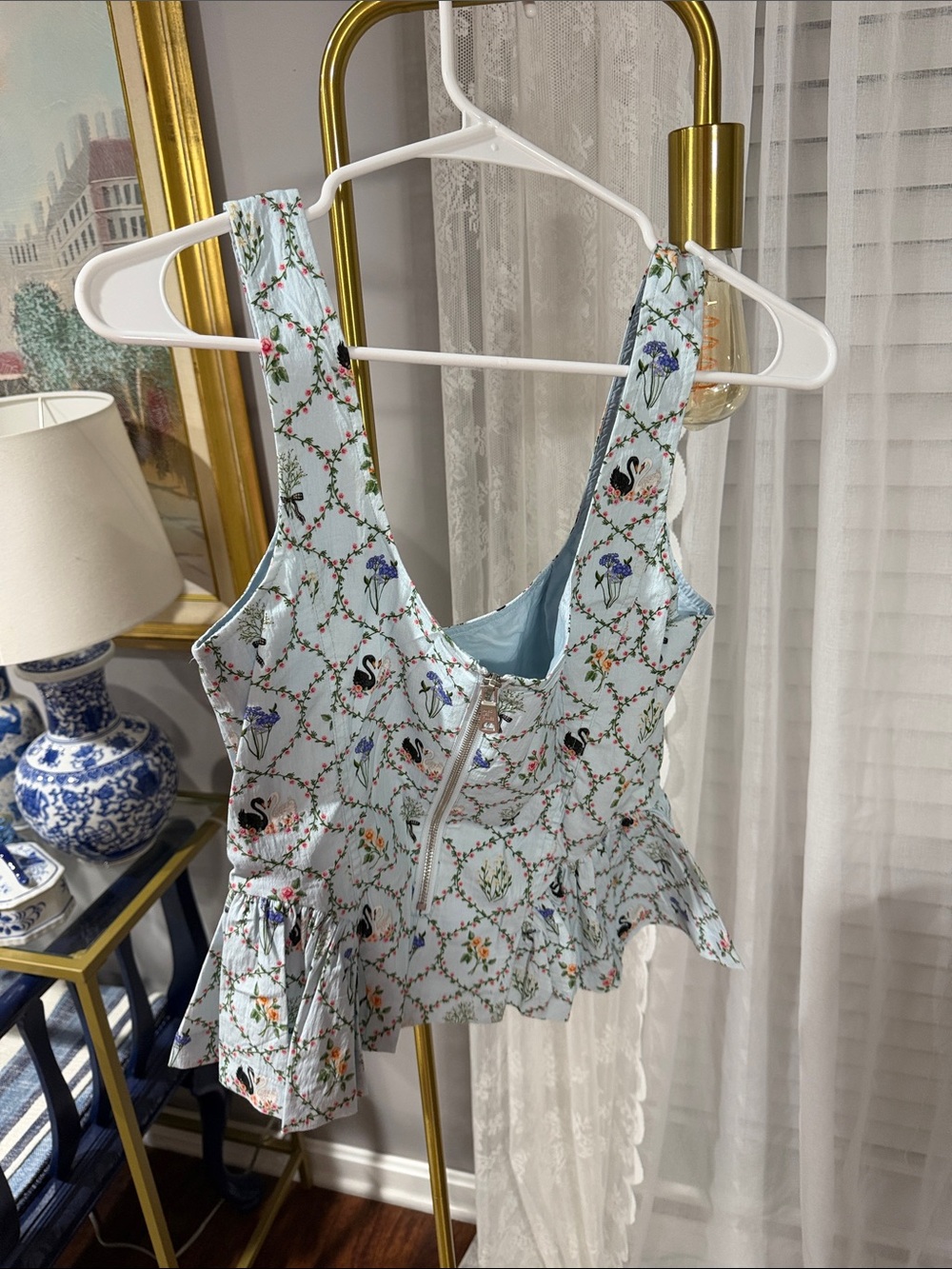 Avec Les Filles Mint Blue Floral and Swan Peplum Tank - Picture 5 of 5